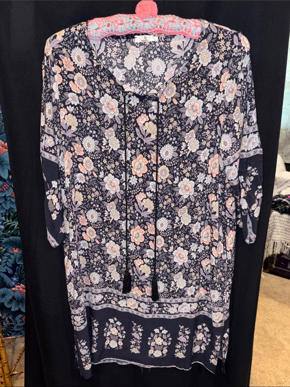 Target Navy Floral Tassel-Front Tunic with Pink and Cream Accents